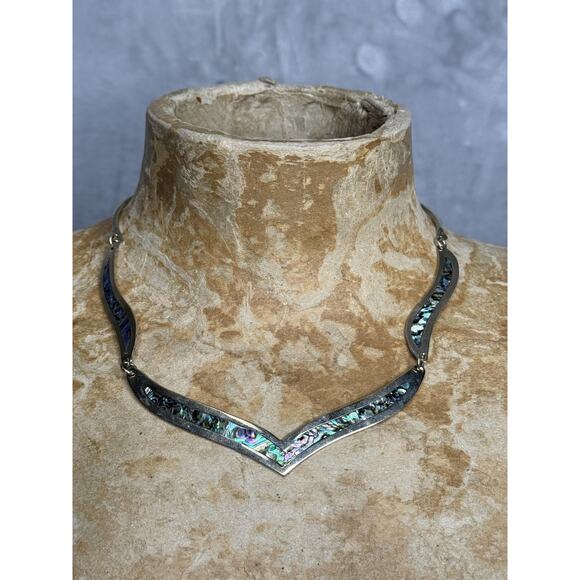 Alpaca Mexico Jewelry - Alpaca Mexico Abalone Mother Of Pearl Collar Necklace Silver Tone Shell Inlay